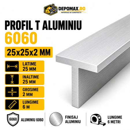 Profil T aluminiu 25 x 25 x 2 mm, 6 metri
